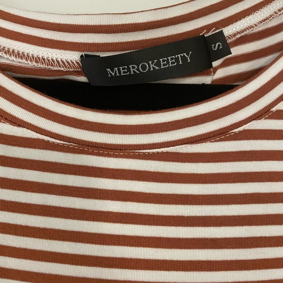 Merokeety striped brown/white dress with tie and pockets, size small - Picture 3 of 5